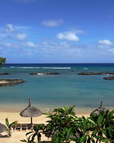 a sandy beach with umbrellas and palm trees