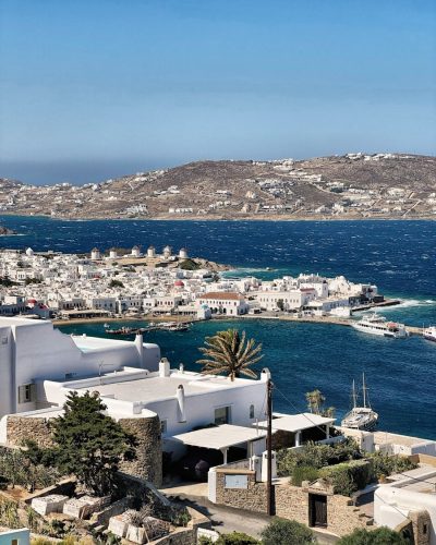 An aerial view of a small town by the ocean